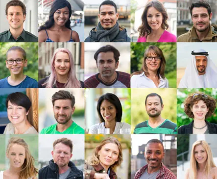 Grid of 20 different human faces
