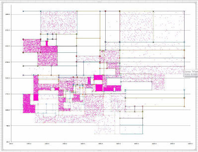 Plan view showing distribution of potential missiles throughout site; some areas have higher missile density than others